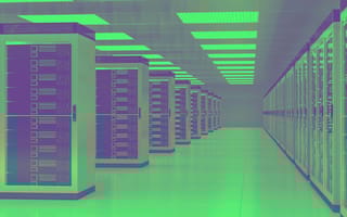 A 3D rendering of a data center with servers and a green filter on top